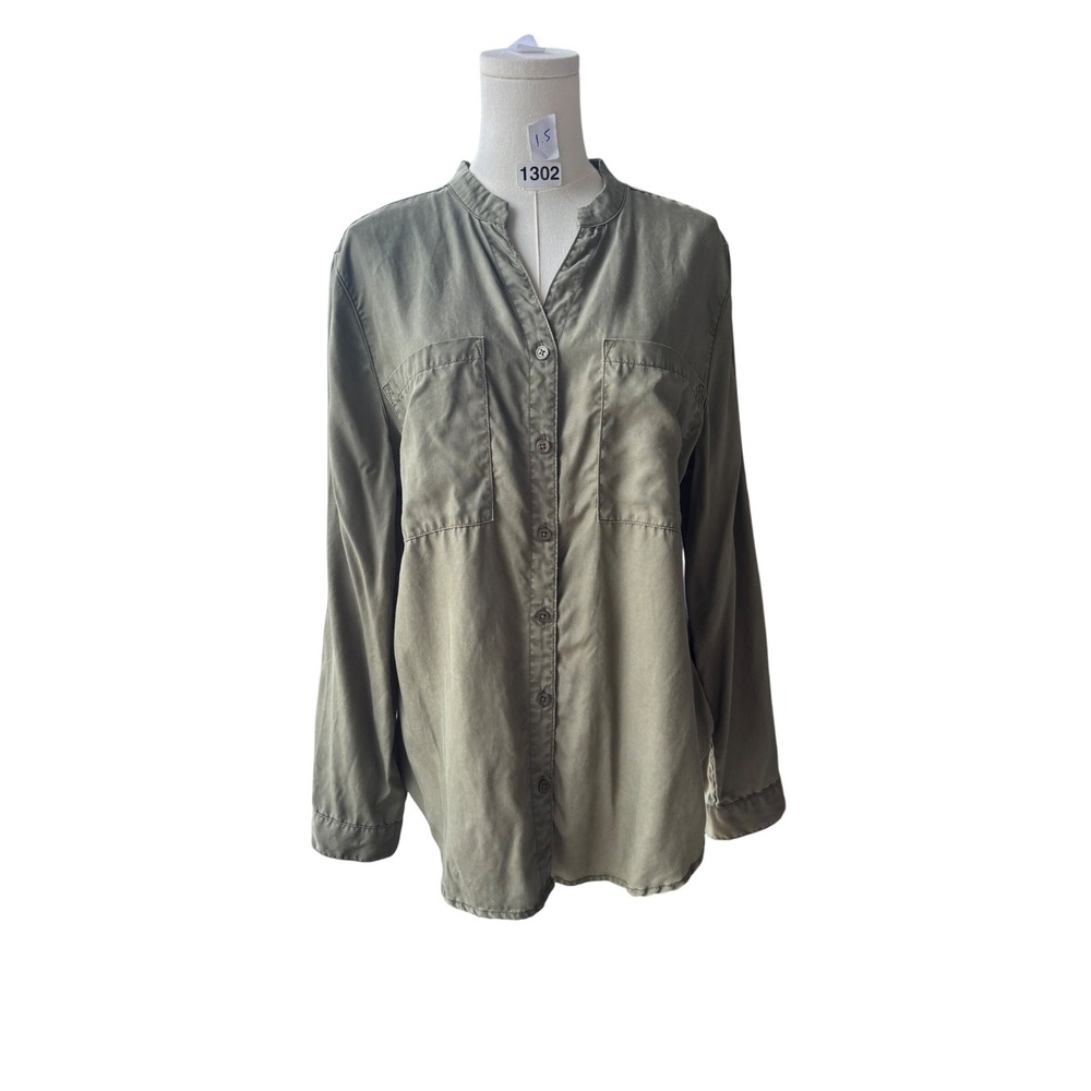 Chicos Tunic Blouse Women Size 2 12/14 Olive Green Utility Button Shirt Pockets